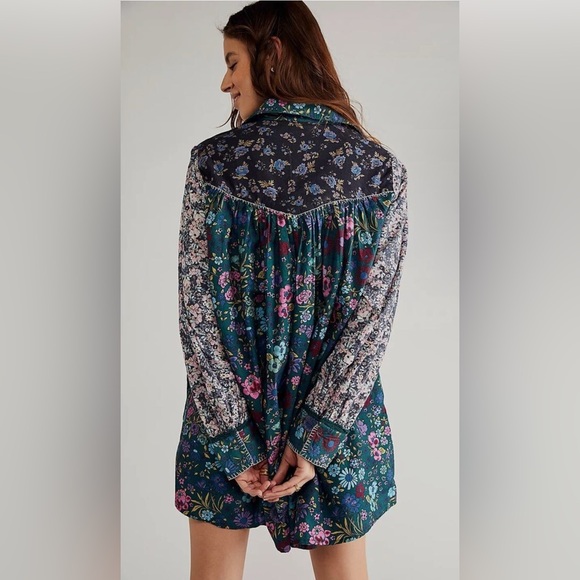 Free People My Time Floral Mini Shirt Dress, Black Medium - Picture 3 of 8
